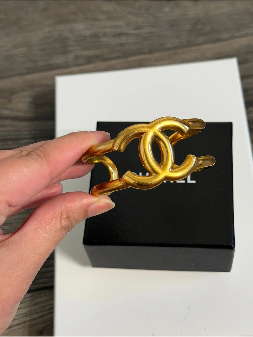 CHANEL Vintage Gold CC Logo Cuff Bracelet